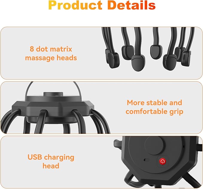 Electric Scalp Massager Head Massager Scalp Stress Relax Kneading Hair Massage with 3 Modes 360 Degree Hair Massager Cordless Portable Head Scratcher for Stress Relax