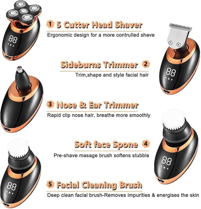 Electric Shavers for Men 5 in 1 IPX7 Waterproof Electric Shaver Razor for Men Beard Hair Trimmer Rechargeable Bald Head Shaving Machine LCD Display Grooming Kit