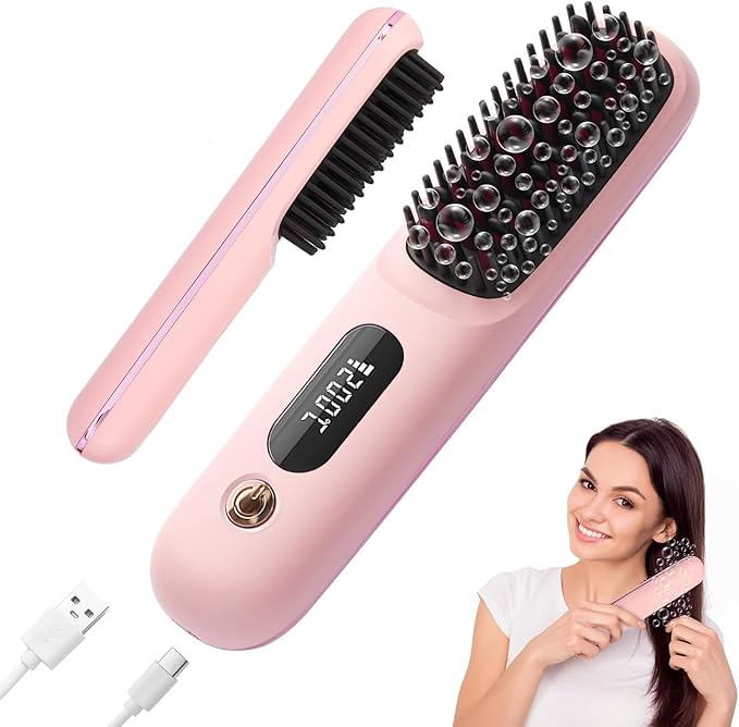 Portable Cordless Hair Straightener Brush for TravelMini Hair Straightener Comb with Negative IonMini BrushRechargeable 3 Temp-SettingPink