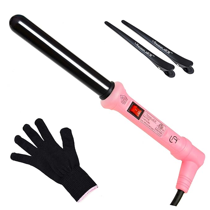 Le Angelique 1 Inch Ceramic Curling Wand for Beach Waves Short &amp Long Curls - 25mm Professional Clipless Curler Iron with Glove and 2 Clips | 450F Instant Heat | Dual Voltage - Pink