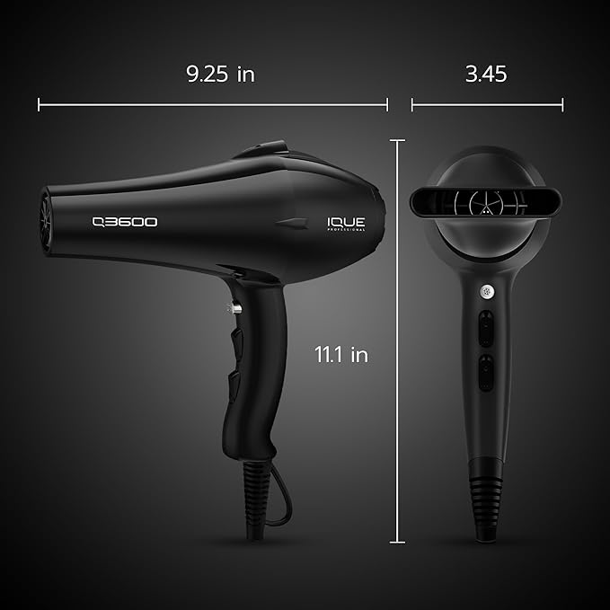 iQUE Professional Salon Quality Hair Dryer | 1875W Ionic Blow Dryer | 2 Speeds &amp 3 Heat Modes | Frizz-Free | Includes 2 Nozzles Attachments | Extra Long Cord and Faster Drying Time