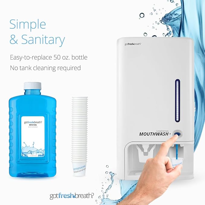 GotFreshBreath Commercial Mouthwash Dispenser with Cup Holder – Standing or Wall-Mounted Slim Commercial Mouthwash Dispenser with 100 Cups &amp 50 Oz. Alcohol-Free Mouthwash (White)