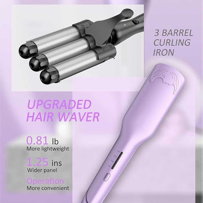 32mm (1.25) Wave Curling Iron 2 Barrel Ionic Deep Waver Hair Tool with 4 Temperature Settings Fast Heating Anti-Scald Hair Crimper for All Hair Types (Purple)