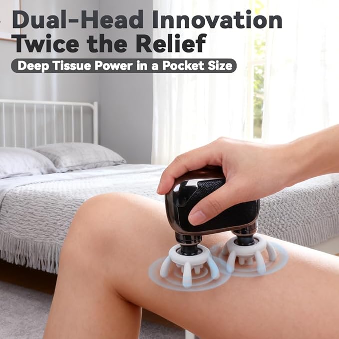 Mini Handheld Massager - Portable Electric Dual Head Massager for Neck Shoulder Back &amp Body Muscle Relief - Compact Personal Massage Device with Travel Pouch