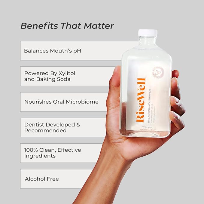 RiseWell Balancing Mouthwash - pH Balancing Alkaline Alcohol Free Mouthwash - Dentist Developed Dry Mouth Rinse - No Added Fluoride and SLS-Free - Fresh and Cool Breath - Wild Mint 16 Oz