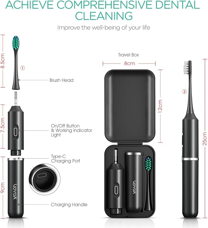 VOYOR-Health Travel Electric Toothbrush Rechargeable Toothbrushes for Adults Portable Sonic Toothbrush with 5 Modes Three-Section Detachable Design with Travel Case ET410 (Black)