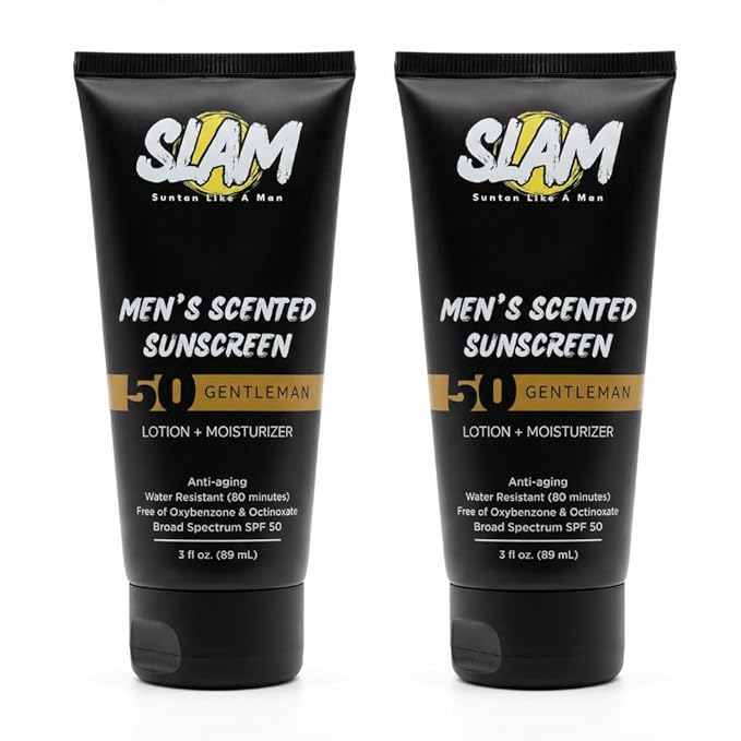 SLAM GentleMan Men's Sunscreen Lotion SPF 50 &amp Moisturizer – Face &amp Body Sunblock Anti-Aging Water-Resistant Hawaii Act 104 Safe Skincare for Men Cologne Scented – 3 fl oz. each. Double p