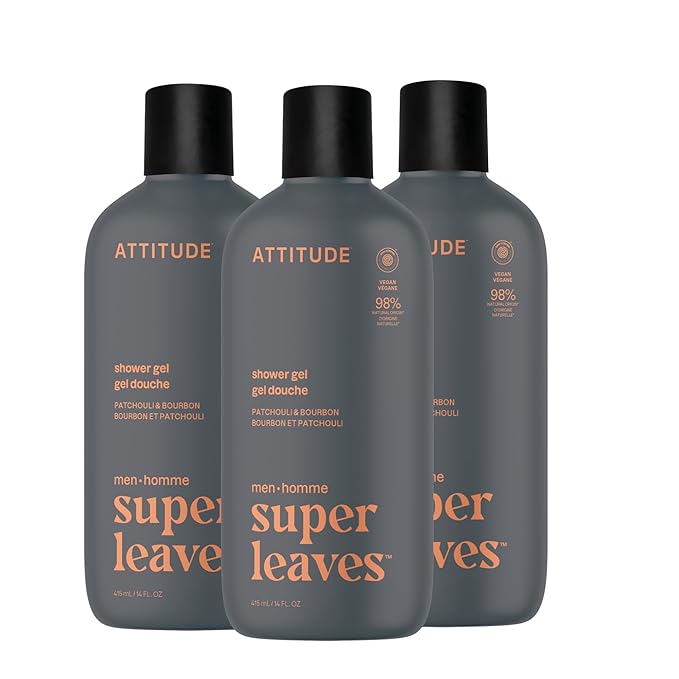 ATTITUDE Shower Gel Body Wash for Men 98% Natural Origin Ingredients Paraben &amp Phthalate Free EWG Verified Cleanses Without Drying Patchouli &amp Bourbon 14 Fl Oz (Pack of 3)