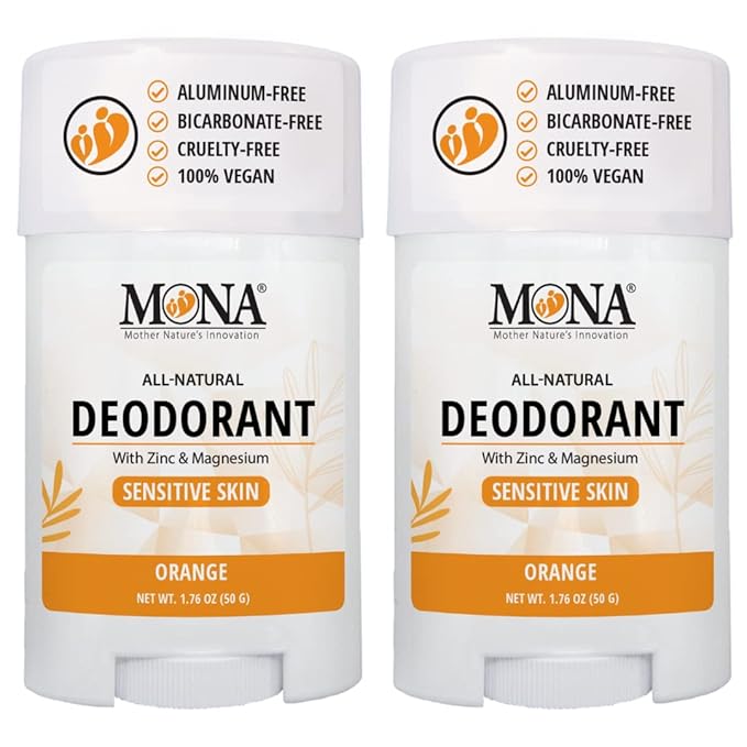 MONA BRANDS All Natural Deodorant For Women &amp Men | For Sensitive Skin | No Aluminum or Baking Soda | (2-Pack ORANGE 1.76 Oz each)