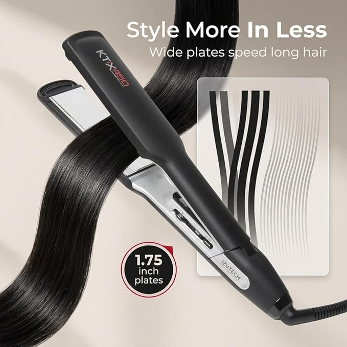 IZUTECH KTX450 Titanium 1.75 Inch Flat Iron Wide Plate Hair Straightener and Curler for Long Thick Hair Fast Heating Dual Voltage Adjustable Temperature up to 450°F Auto Shut Off