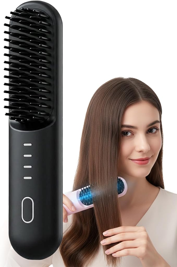 Saker Mini Hair Straightener Comb - 2-in-1 Cordless Rechargeable Fast Heating Styling Tool with 3 Temp Settings Anti-Scald Shell &amp Mirror for Travel Use (Black)