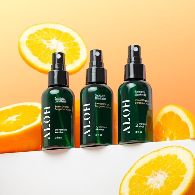 ALŌH Hand Sanitizer Mist 3-pack | Sweet Orange Bergamot + Aloe | 70% Alcohol Hydrating Hand Sanitizer Spray with Essential Oil for Kids &amp Adults | 2oz Travel Size Bottle (set of 3)
