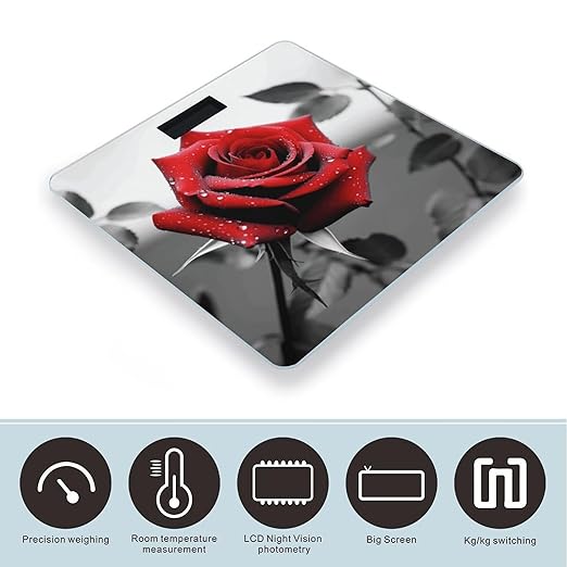 Black and White Red Rose Scale for Body Weight Safe Rounded Corners Tempered Glass Digital Bathroom Scale LED Display 400lb Capacity Weight Scales with High Precision Sensors