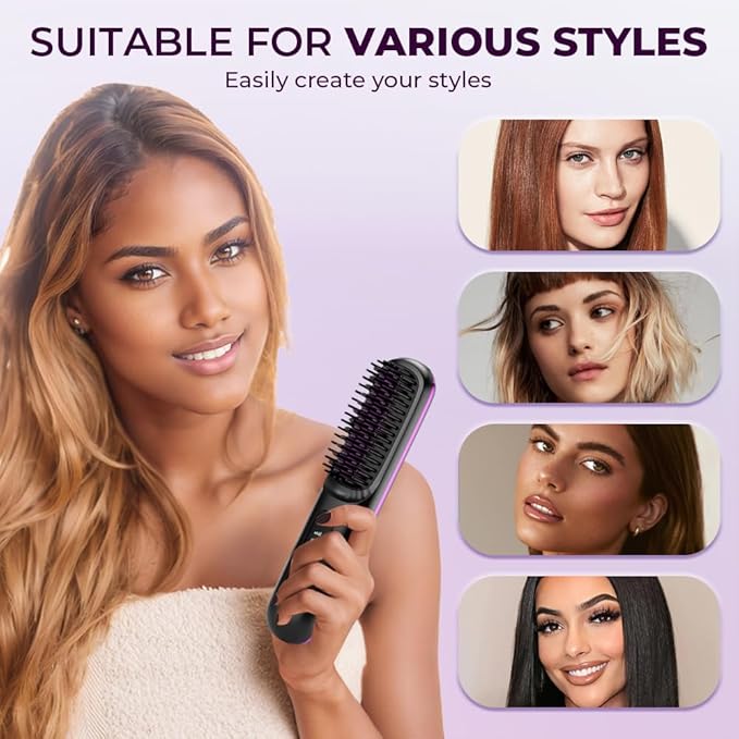2026 Upgraded Cordless Hair Straightener Brush Fast Heating Portable Hair Straightener Comb for Women Travel Essentials with 3 Adjustable Temperature Black