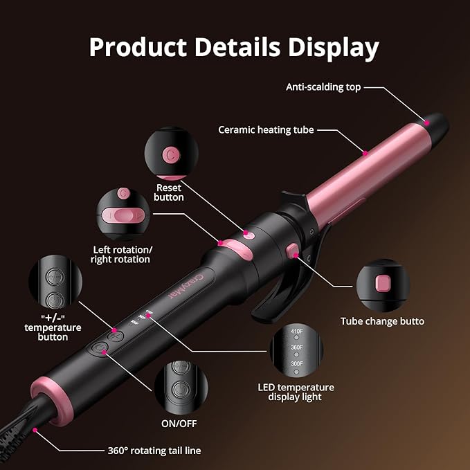 5 in 1 Automatic Rotating Curling Iron Set CrazyMar Curling Wand Set - 5 Barrels (3/411/4 Inch) Dual Voltage Curling Wand for Professional Hair Styling Travel Ceramic Coating(Hot Pink)