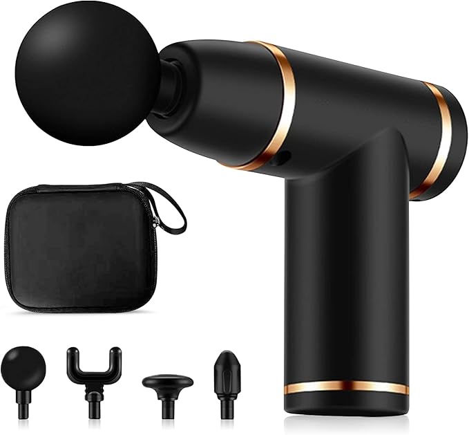 Ergocar Powerful Muscle Massage Gun Deep Tissue 6 Speeds Handheld Electric Body Massager with 4 Heads Super Quiet Fashion for Athletes Sedentary Office WorkerButton Style-Black Gold