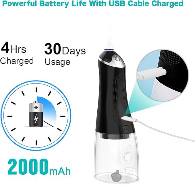 Water Flossers for Teeth CordlessOral Irrigator9 Cleaning Gears Adjustment4 Multifunctional Nozzles30-115psi2000mAh Lithium BatteryEffective Cleaning Teeth (Black)