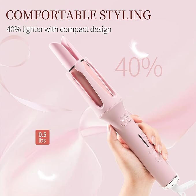 Automatic Rotating Curling Iron with 4 Temperature - Beach Waves Curling Wand Portable Hair Curler Dual Voltage &amp Lightweight for Travel Automatic Shut-Off Anti-Scald-Pink