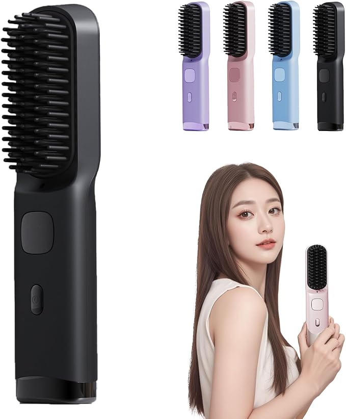 2026 New Ceramic Hair Dressing Comb Portable Straightener Brush Portable Wireless Hair Straightener 4 Temp Settings Straight Suitable for Short Hairtravel Home use (Black)