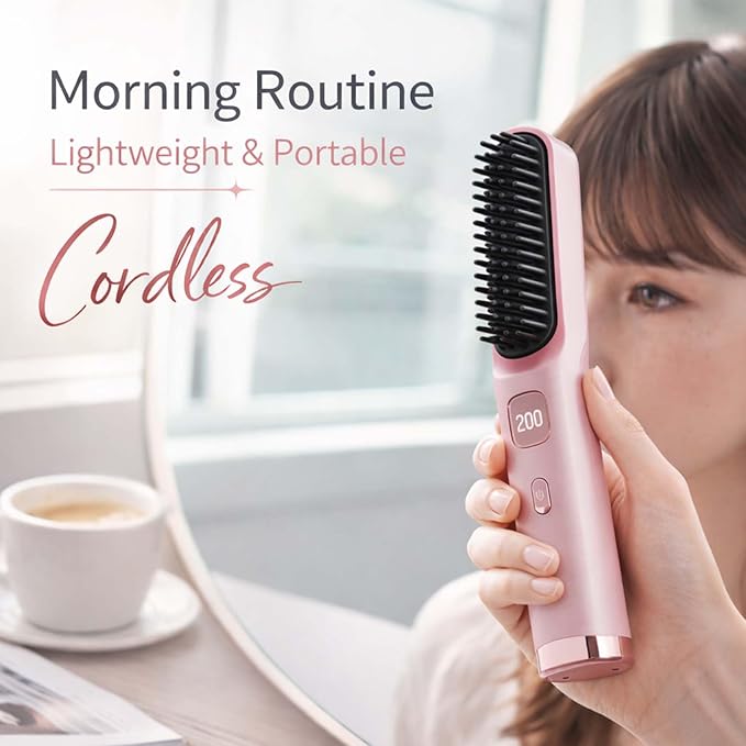 Portable Straightener Brush for Short Hair2026 New Cordless Hair Straightener Brush4 Temperature SettingsCeramic Care Fast Heating Hair Comb Styling Tool for Women Home Use (Pink)