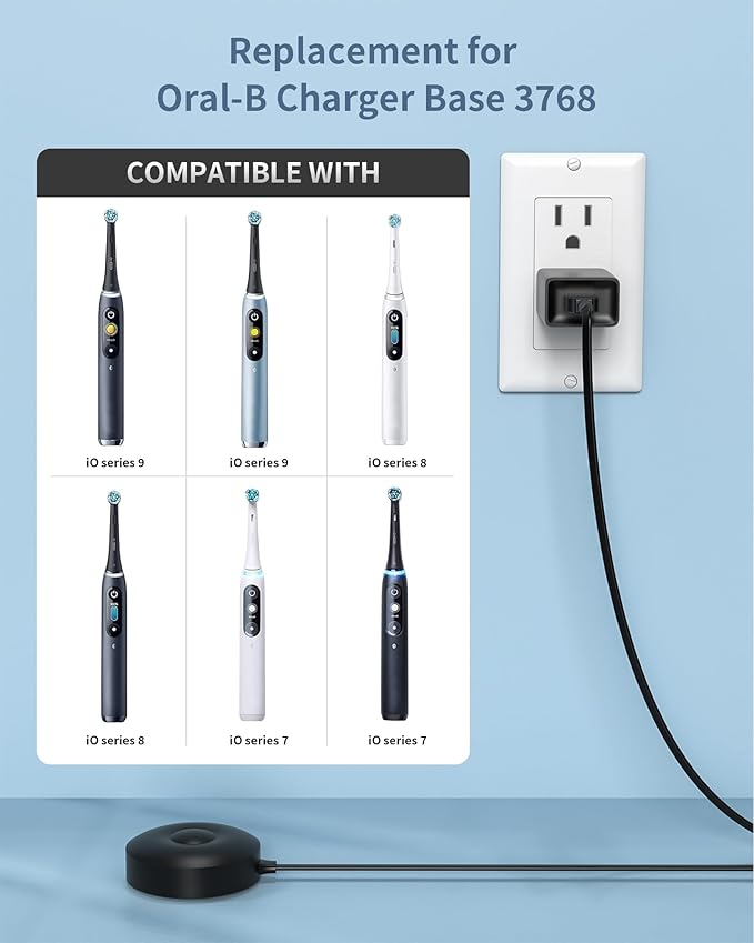 WUKUR for Oral B iO Charger Base Compatible with Oral B iO Electric Toothbrush Series 7 8 9 10 Magnetic Travel Charging Base Model 3768 Power Cord (Black)