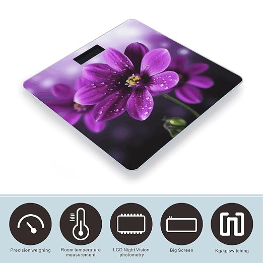 Purple FlowerScale for Body Weight with LCD High Precision Weighing Scales Fashion Sturdy Tempered Glass Weight Scales Easy-to-Read Digital Bathroom Scale for Daily 400lb