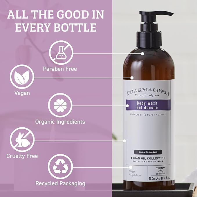 Pharmacopia Hotel Argan Oil Body Wash &amp Body Lotion Bundle – Hydrating Aromatherapy Body Care - Plant Based &amp Organic Ingredients – Vegan Cruelty Free No Parabens Set of 2 16oz Bottles
