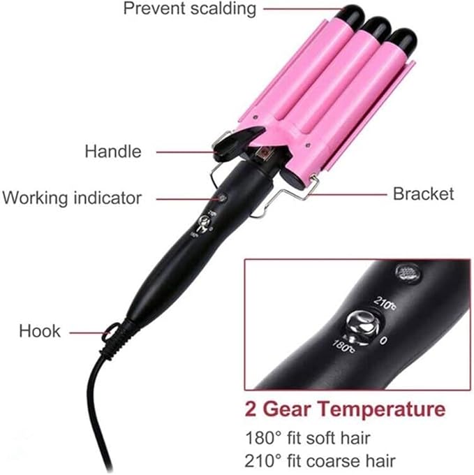 3 Barrels Hair Curler - Ceramic Hair Crimper Fast Heating Long Lasting Curling Crimpers Curling Iron with 2 Temperature Control Big Wave Curling Wand Tongs Best Gift for Women ( Color : Pink  Size