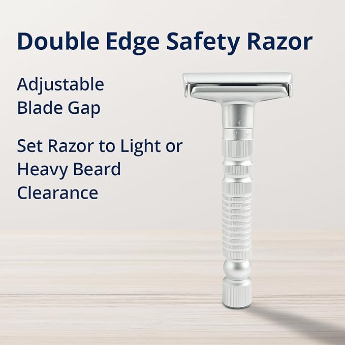 Adjustable double-edged safety razor with 10 platinum-plated stainless steel razor blades + optional stand + complimentary holster reusable razor smooth close shave (Silver + base + holster)