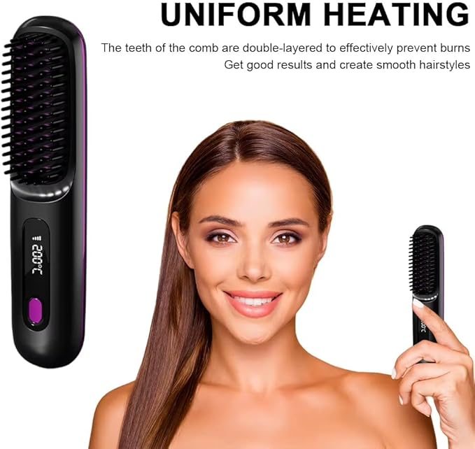 Cordless Hair Straightener Brush Portable Mini Hair Straightening Brush with 3 Temperature Settings &amp LED Display USB Rechargeable Fast Heating Hairs Brush for Travel (White)