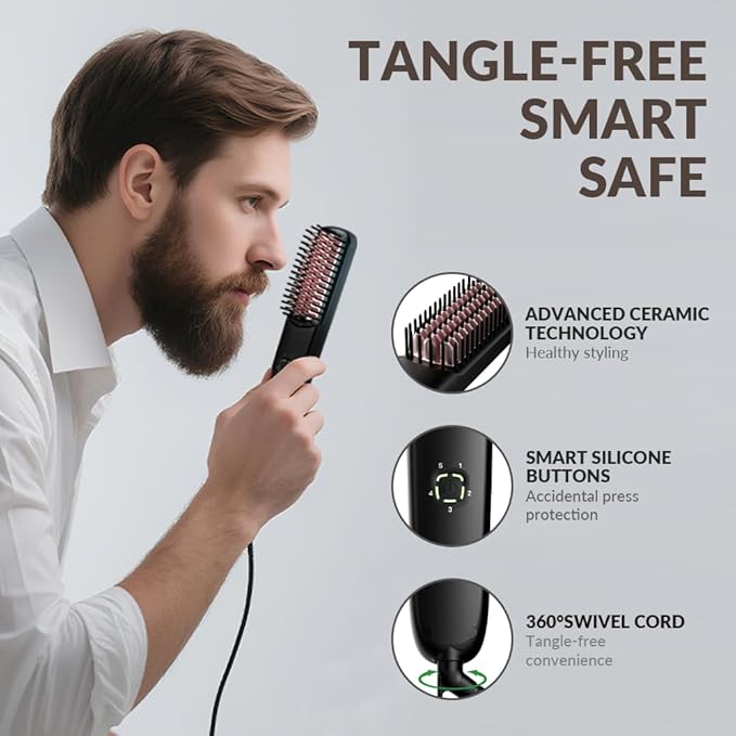 Beard Straightener for Men - Heated Beard Brush with Ionic &amp Anti-Scald Technology 5 Temp Settings Beard Comb for Curly &amp Coarse Hair - Travel Friendly Grooming Tool &amp Gift for Him
