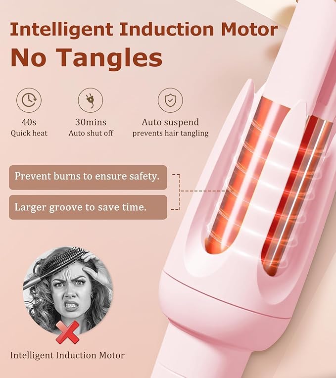 Auto Hair Curler Automatic Curling Iron with 4 Temperature &amp 3 Timer Automatic Shut-Off Anti-Scald Anti-Tangle Rotating Curling Wand for Hair Styling Pink