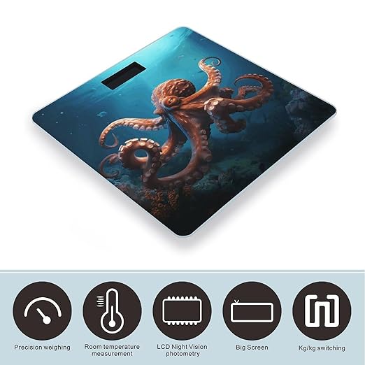 Ocean Animal OctopusScale for Body Weight with LCD High Precision Weighing Scales Fashion Sturdy Tempered Glass Weight Scales Easy-to-Read Digital Bathroom Scale for Daily 400lb