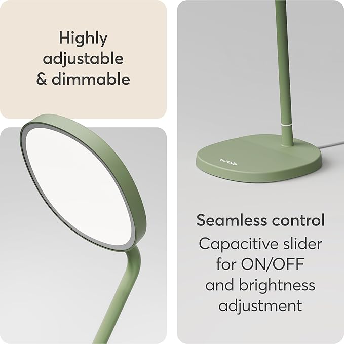 Lumie Task - 10000 Lux Adjustable Bright Light Therapy Desk Lamp for Mood and Energy Boost and Winter Blues Relief Crystal Clear Illumination and Maximum Visual Comfort - Sage Green