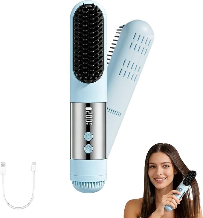 Cordless Hair Straightener Brush-Portable Mini Straightening Comb Rechargeable Battery Powered for Travel - Cool curl Airflow Styler- 30s Fast Heating -LCD Display