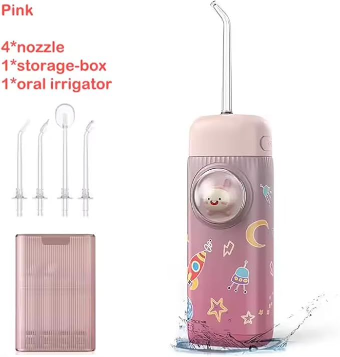 Kids Water Flosser2 Modes Portable Water Dental Flosser for Teeth120 ML IPX7 Waterproof Oral Irrigator with 4 Replaceable NozzlesPink