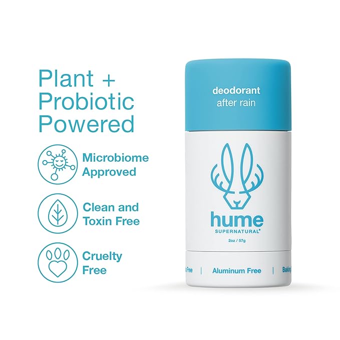 Hume Supernatural Aluminum Free Deodorant for Women &amp Men - Safe for Sensitive Skin - Probiotic Plant-Based Baking Soda Free Aloe &amp Cactus Flower Anti Sweat Stain &amp Odor – After Rain