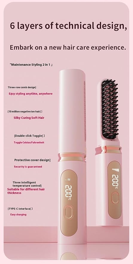 Cordless Hair Straightener Portable Mini Cordless Straightening Brush USB Rechargeable with LCD Temperature Display Adjustable Heat Settings Ideal for Travel Frizz-Free Smooth Hair (Pink)