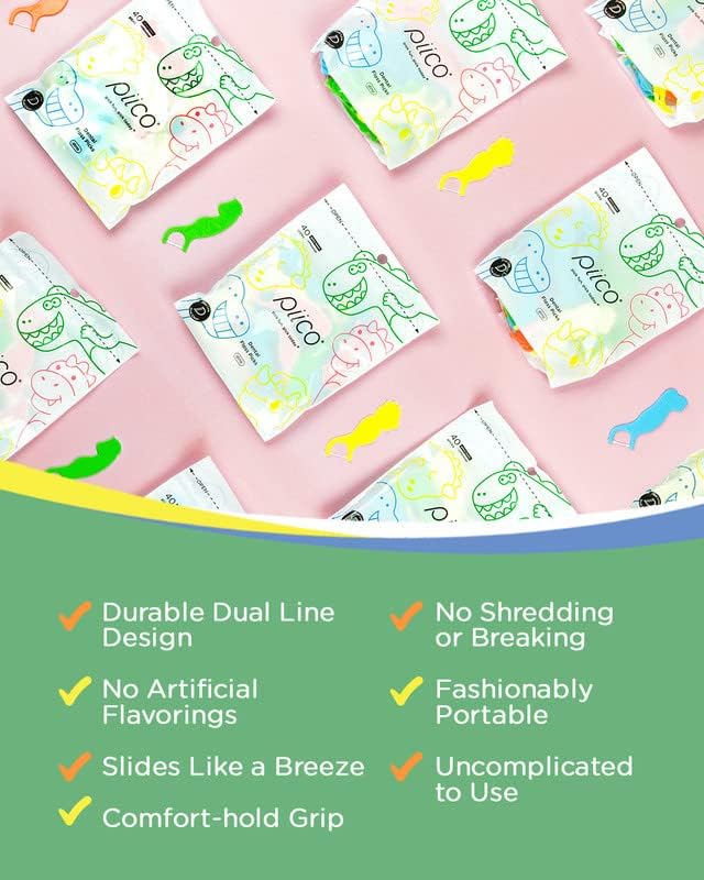 Piico Unflavored Kids Floss - No Fluoride Dual Line Dental Floss Picks - Fun Oral Care in Colorful Floss Sticks Design - Flossers Prevent Tooth Decay &amp Gum Disease - 300 Playground Dino &amp Trav