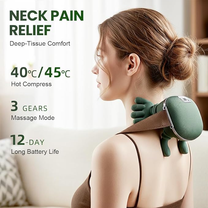 Neck Massager Shoulder Massager with Heat Shiatsu 4D KneadingElectric Neck and Back Massager for Relief(Green 1 Set)