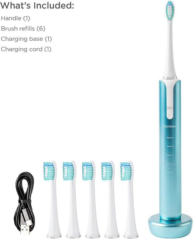 Soniclean Lux Sonic Toothbrush for Adults - 6 Toothbrush Heads Rechargeable Automatic Refills Aqua