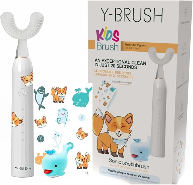 Y-Brush KidsBrush - Electric Toothbrush for Kids 4-12 yo - Y-Shaped Brush - Innovation Awards at CES 2 Months Battery Life - Clinically Proven