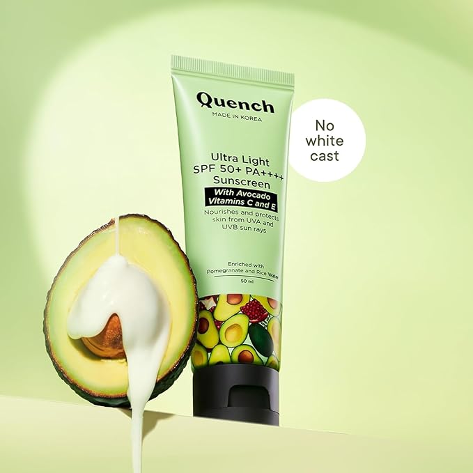 Queench Bravocado SPF 50+ PA++++ Korean Sunscreen Gel | UV Protection with Avocado Oil &amp Vitamin E | Lightweight Non-Sticky Hydrating | Broad Spectrum UVA UVB | For All Skin Types | 50ml