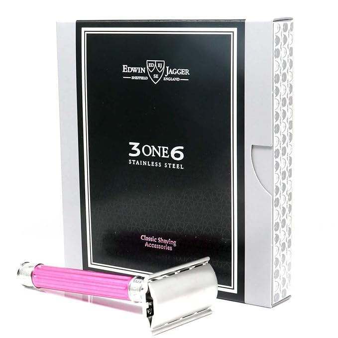 Edwin Jagger 3ONE6 DE Stainless Steel Safety Razor Grooved 1x Pack of DE Razor Blades (Anodized Pink)