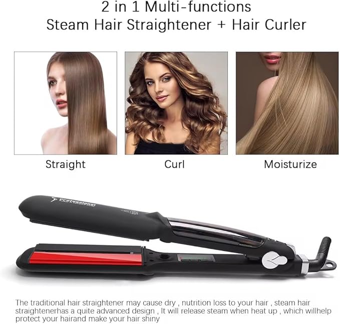 Professional Steam Infrared Hair Straightener Flat Iron 2 inch Wide Tourmaline Ceramic Plate Fast Vapor Instant Heat Up with Adjustable Temperature Dual Voltage Black