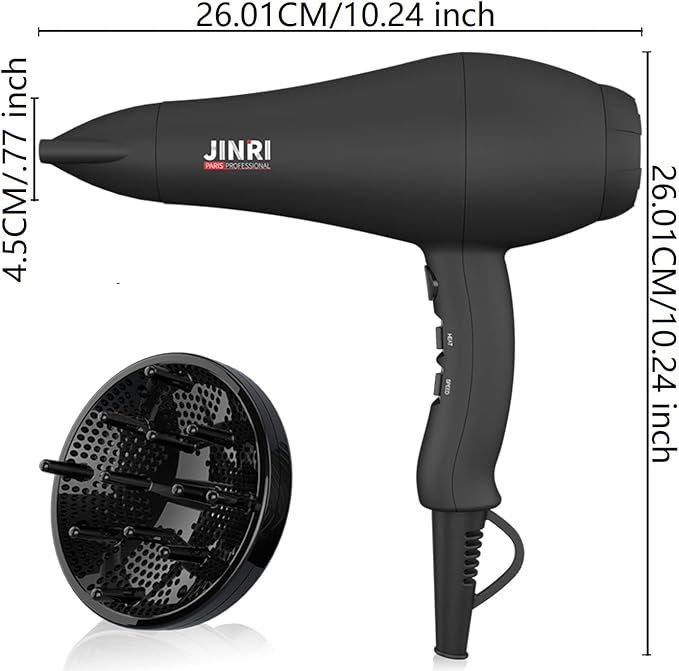 JINRI Hair Dryer 1875W 3 Heat &amp 2 Speed with Diffuser with Concentrator Ionic Technology &amp Infrared - Black Detachable Air Intake Hanging Strap Non-Foldable 125V JINRI-104