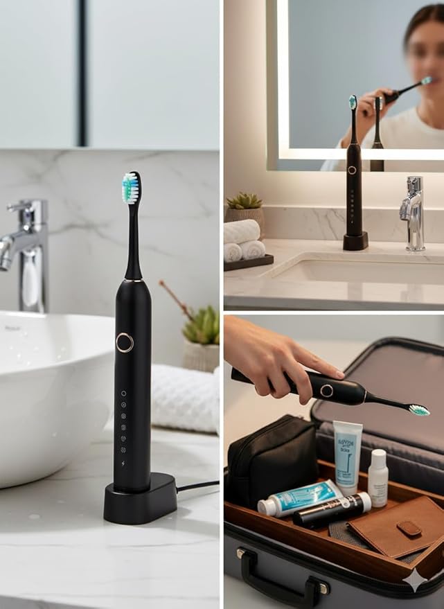 Amailtom Electric Toothbrush with Travel Case Sonic Type for Adults &amp Teens 6 Modes 40000 VPM Electric Motor IPX7 Waterproof 2 Minutes Timer