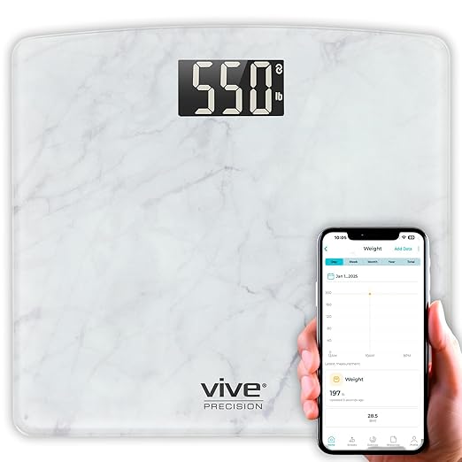 Vive Smart Body Weight Scale (550lbs Capacity) - Heavy Duty Bariatric Digital Scale for BMI - Plus Size Large Display - Bathroom Device for Health Extra Wide Base &amp Smartphone Connectivity