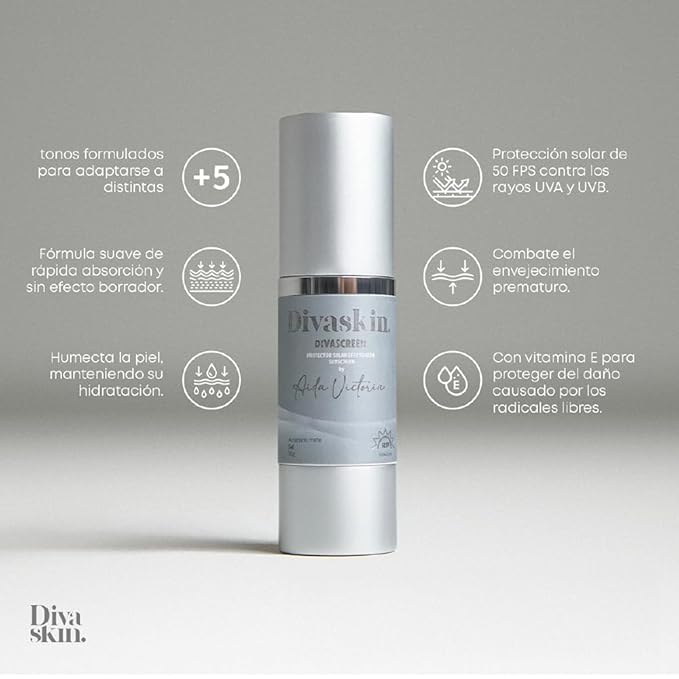 DIVASCREEN BY DIVASKIN Tinted Sunscreen SPF 50 by Aida Merlano | Broad Spectrum UVA/UVB Protection With Vitamin E Hydrating Lightweight Fast Absorbing Multiple Shades (colorless)