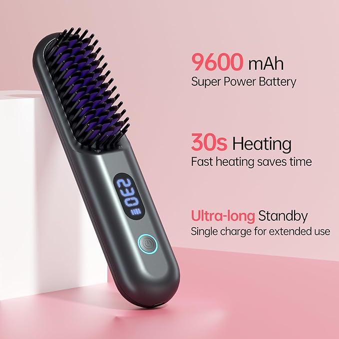 Cordless Hair Straightener Brush-Portable Straightening Comb 9600mAh Batt Plasma Tech 9 Temp-Settings &amp LED Display for Travel &amp Home (Metallic Grey)